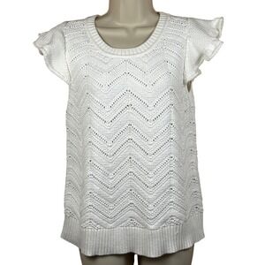 Soft Surroundings Womens White Knit Ruffle Cap Sleeve Top Size M Whimsy Romantic